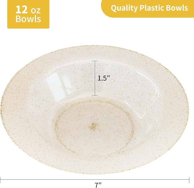 Goodluck 50 Pack Gold Glitter Plastic Bowls, 12oz Disposable Soup Bowls, Heavy Duty Dessert Bowls for Weddings, Parties, Dinners, Catering, Christmas and Everyday Use