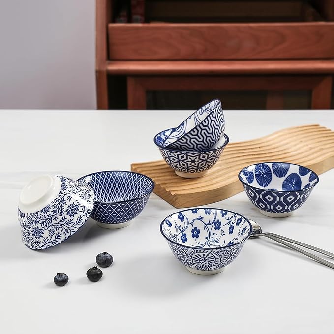 Selamica Ceramic Mini Bowl Set, 4 oz Dipping Bowls for Snack Side Dishes Condiment, Set of 6, Vintage Blue