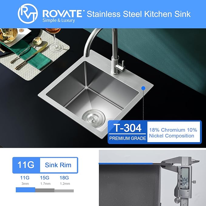 ROVATE 18 × 18 x 9 inch Drop in Kitchen Sink, 304 Stainless Steel Top-mount Kitchen Bar Sink Single Bowl, Small Overmount Handmade Bar Sinks with Basket Strainer