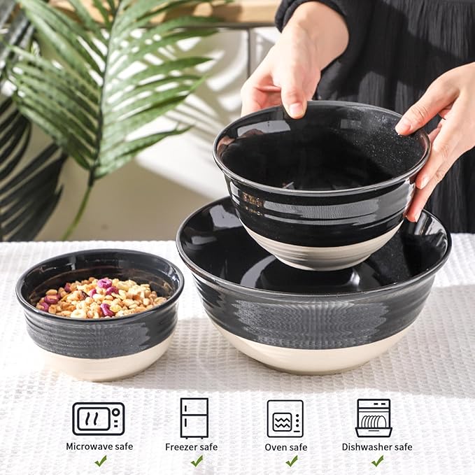 HASENSE Porcelain Mixing Bowls for Kitchen, 84/40/20 Oz Large Salad Serving Bowls Set of 3, Unique Thanksgiving Bowls Set for Entertaining Cooking Baking Serving Food, Nesting Bowls, Black