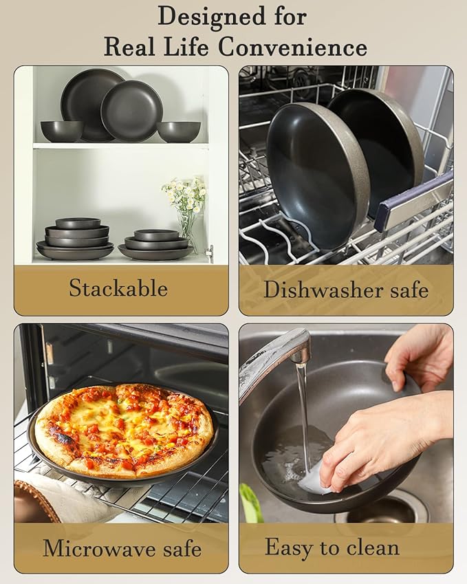 Stoneware Dinnerware Set for 4 Person,12 Pieces Ceramic Plates and Bowls Sets Matte Black Modern Dish Set for Kitchen Dinner,Scratch Resistant,Microwave and Dishwasher Safe,Round