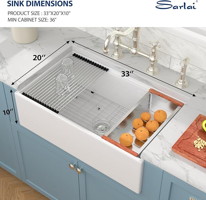 Sarlai 33 White Farmhouse Kitchen Sink - 33x20 Inch White Farm Sink Workstation Undermount Kitchen Sinks Apron Front Ceramic Porcelain Fireclay Single Bowl Farmer Sinks Basin