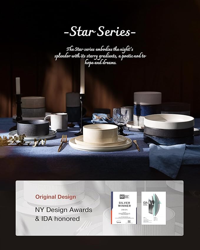 famiware Star 7.5" Pasta Bowls Set, Salad Bowl Set of 4, Double Reactive Glaze, Stackable, Ideal for Your Friend for Housewarming, Festivals, Matte Dark Charcoal (Full Glaze)