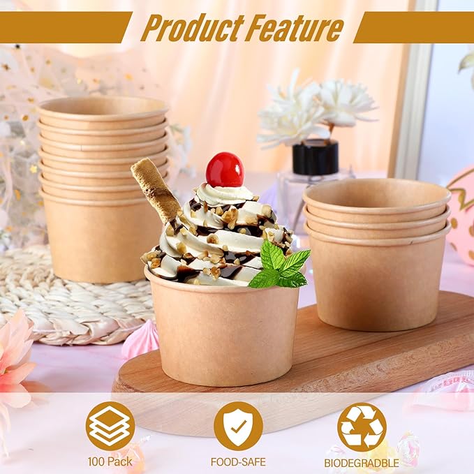 Honeydak 100 Pieces Ice Cream Soup Cups Paper 5 oz Disposable Sundae Bowls Kraft Paper Hot Cold Snack Yogurt Dessert Small Cups for Ice Cream Baby Shower Party Supplies, Brown Disposable Bowls