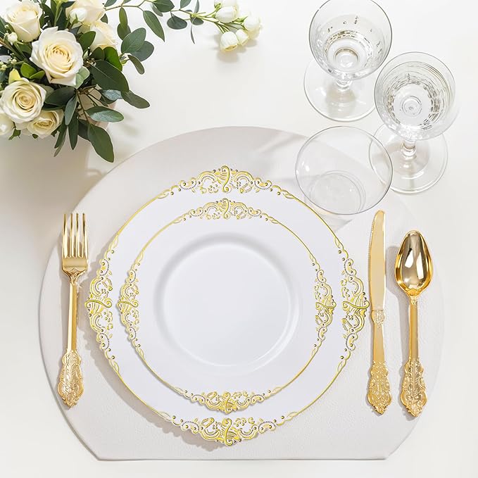 Nervure 100Pcs White and Gold Plastic Plates - 7.5inch Gold Disposable Plates - Heavyweight Plastic Dessert Plate for Wedding & Party
