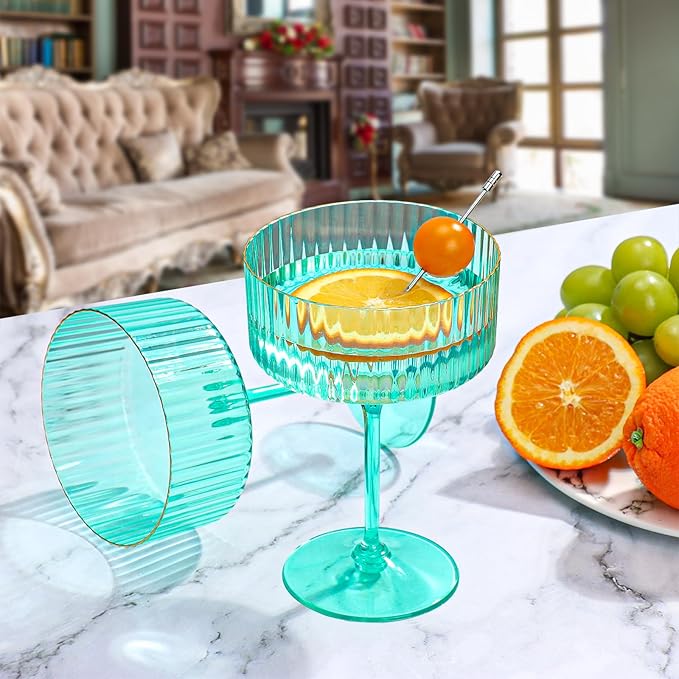 XUWAIDSGN 12 Pcs Champagne Martini Glasses 9 Oz with Gilded Removable Gold Rim Coupe Glasses Pink Martini Glasses Plastic Mimosa Vintage Coupe Glasses Set For Wedding Anniversary (12, Teal)