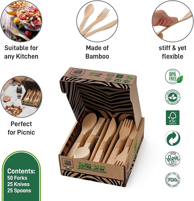 2ZEBRAZ Bamboo Cutlery Set – 100 Disposable Utensils (50 Forks, 25 Knives, 25 Spoons) | Reusable Smooth Flatware, Heavy-Duty Natural Tableware for Parties, Catering & Dining
