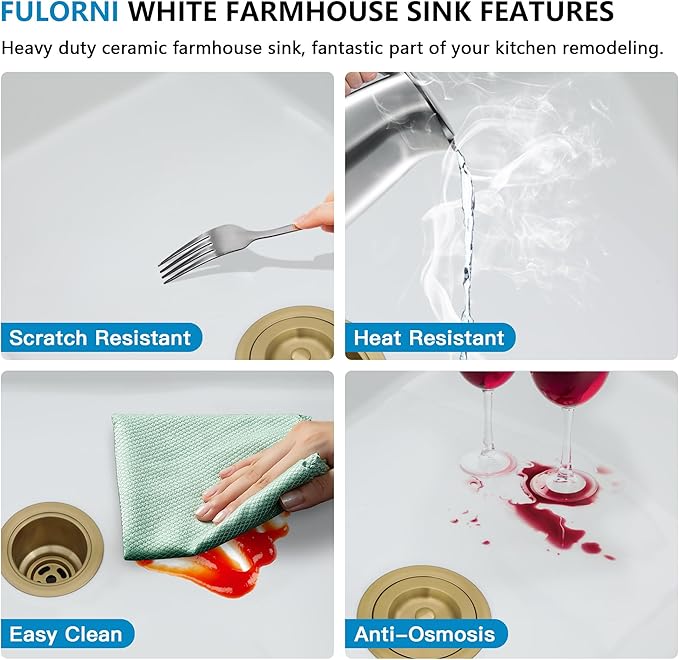 33 White Farm Sink Workstation - Fulorni 33 Inch Farmhouse Kitchen Sink Workstation with Slide Ledge Apron Front Reversible White Ceramic Porcelain Fireclay Single Bowl Farmer Style Basin