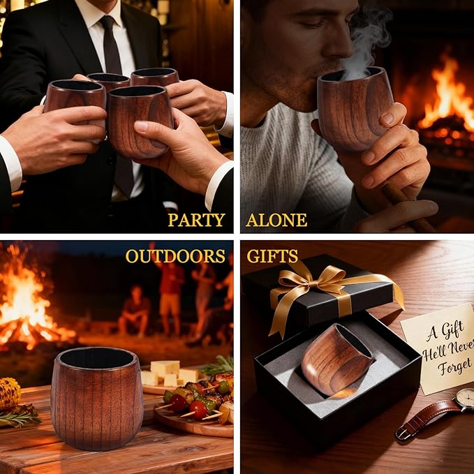 Original Wooden Bourbon Whiskey Glasses Set of 2, Handcrafted Charred Oak Wooden Bourbon Tumblers for Scotch, Unique Gifts for Men(2Pack)