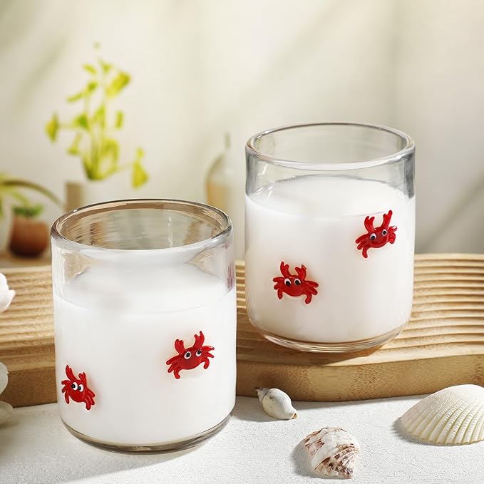 Icon Juice Glasses, 14oz Stemless Wine Drinking Juice Glass Cup for Valentine Party Supplies Gift(2 Pcs,Crab)