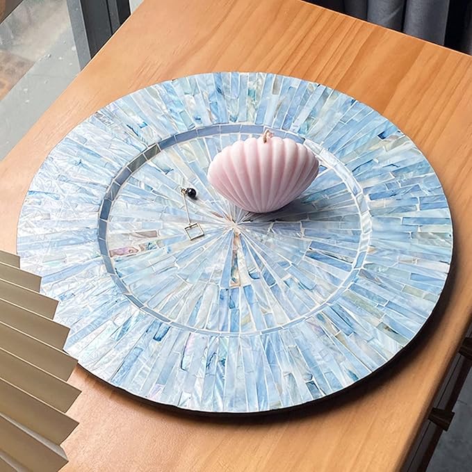 i-lan 13inch 2 Pack Mother of Pearl Decorative Plates for Display, Sea Shell Inlay Wood Charger Plates for Dining, Party, Modern and Coastal Decoration Placemats for Dinner Plates,Blue Ray