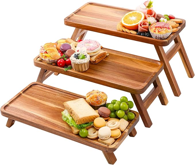 3 Tier Serving Tray 17 Inch Wooden Tiered Tray Stand Foldable Dessert Table Display Set Decor Charcuterie Boards Rustic Wood Platters Trays for Party Food Display
