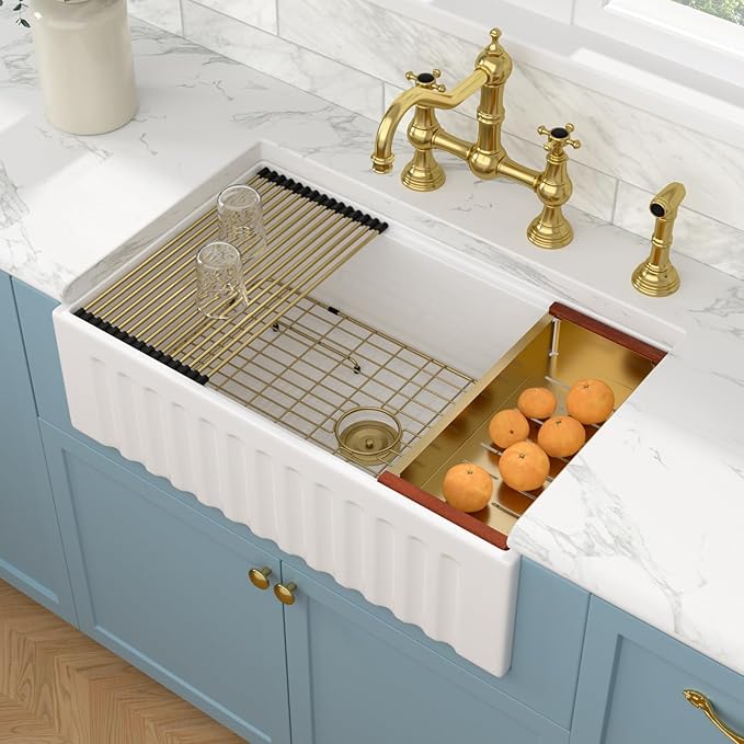 Sarlai White Farmhouse Sink - 30 Inch Farm Kitchen Sink Undermount Workstation Apron Front Reversible Ceramic Fireclay Single Bowl Farmer Sinks Basin 30 x 20 Inch With Gold Accessories