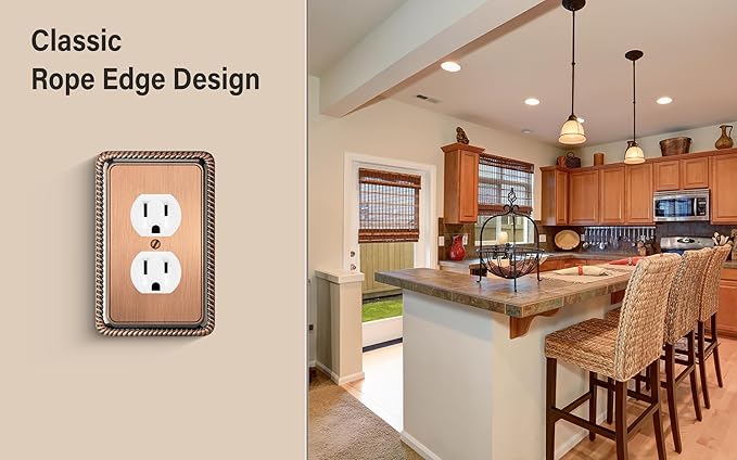 Henne Bery Rope Edge Decorative Wall Plate Switch Plate Outlet Cover (Single Duplex, 3 Pack, Antique Copper)