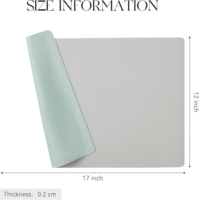 MOSAYT Vinyl Placemats Set of 8, Heat Resistant Place Mats 100% Waterproof Washable & Wipeable Faux Leather Reversible Table Mats for Kitchen Dining Party Outdoor, 12" x 17", Light Grey/Aqua