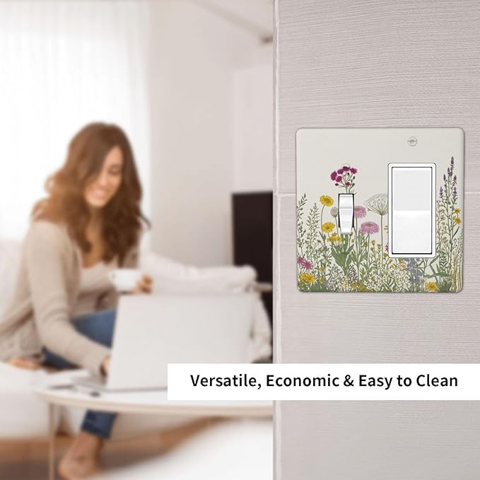 Light Switch Cover Wildflower Botanical Plant Herbs Flower 2 Gang Toggle Rocker Combo Socket Cover Wall Plates Decorative Switch Plates and Outlet Covers for Bathroom Livingroom Decor