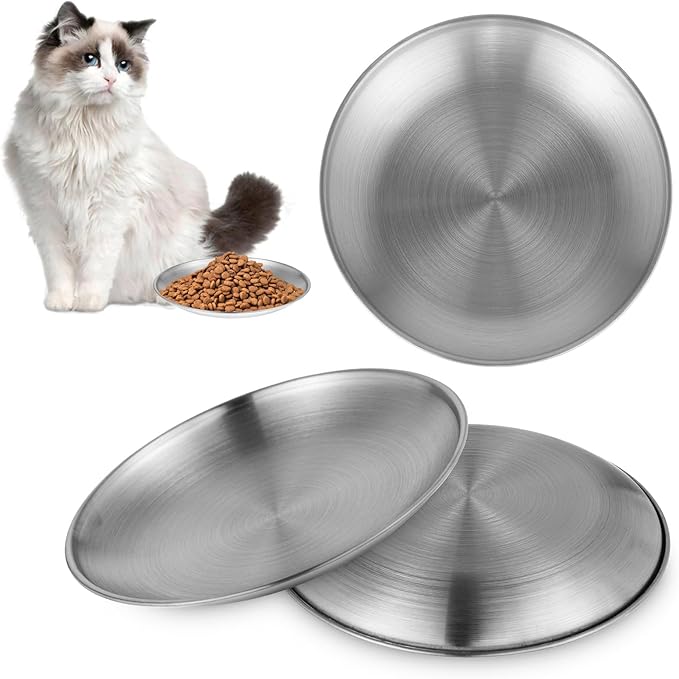 4Pcs Stainless Steel Cat Dishes for Food and Water, Flat Wide Shallow Cat Bowl, 5.51in Cats Food Plate for Kitten Puppy Small Dog Feeding