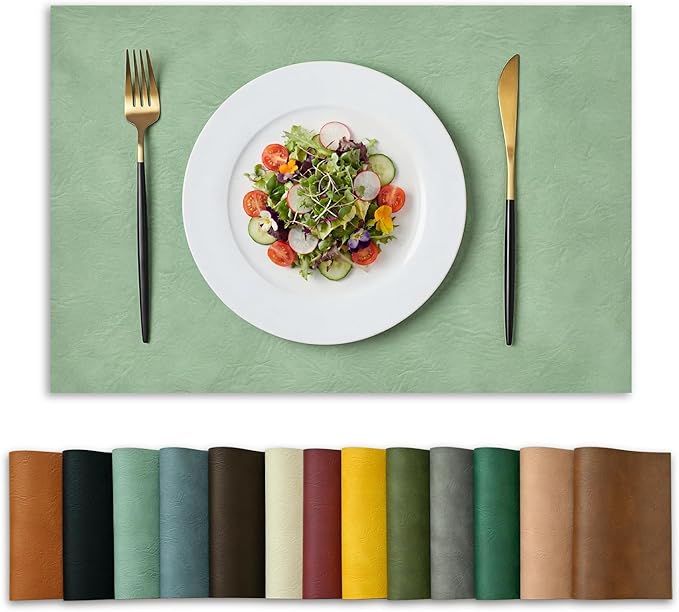 Artoid Mode Sage Faux Leather Placemats Set of 6, 12x18 Inch Waterproof Wipeable Heat Resistant Vinyl Place Mats, Reversible Table Mats for Spring Kitchen Dining Decor