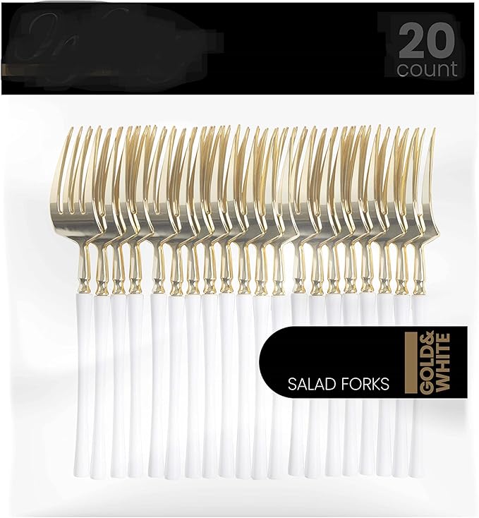 PlasticPro 20 Count Gold and White Plastic Salad Forks Premium Quality Heavy Duty Disposable Elegant Silverware Two Tone Salad Forks for Party