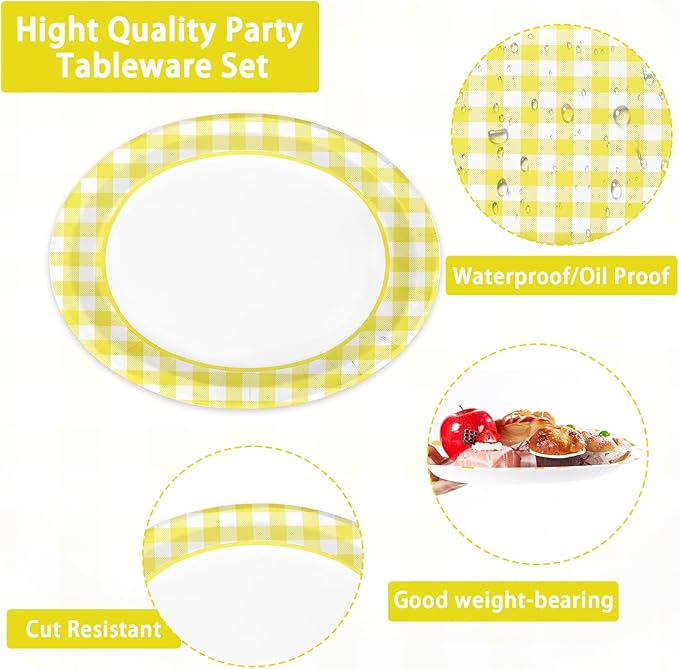 50Pcs Yellow Gingham Oval Paper Plates 10"x12" Large Yellow and White Buffalo Checkered Plaid Plates Disposable Heavy Duty Gingham Party Supplies for Picnic BBQ Baby Shower Birthday Party Decorations