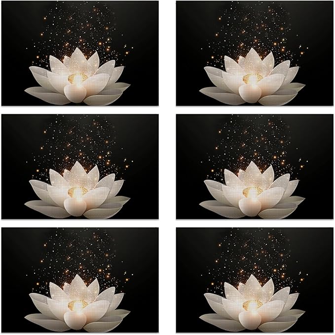 Placemats Set of 6 Lotus Flower Place Mats Washable Kitchen Dining Linen Table Mats Stain Heat, for Home Party Indoor 12x18 in
