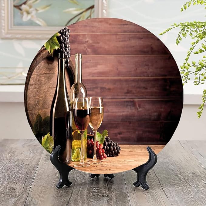 Decorative Plates, Wine Print Ornament, Still Life of Wine with Wooden Keg Rustic, 7 Inch, Kitchen Wall Decor, Brown Green Light Brown
