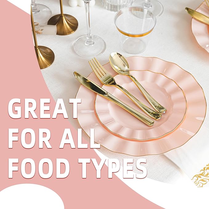 72PCS Pink Plastic Plates, Heavy Duty Disposable Party Plates with Gold Rim, 36 Dinner and 36 Dessert for Parties and Wedding