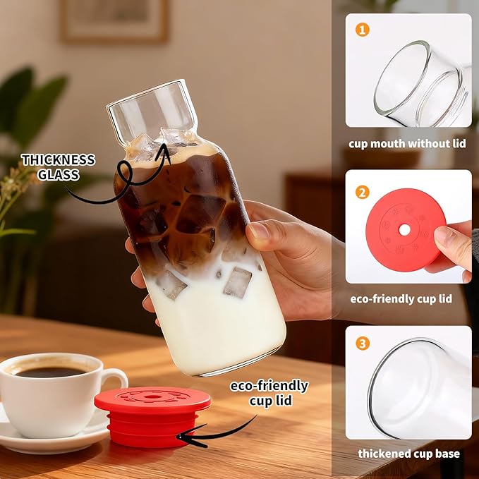 Glass Cup with Silicone Lid and Straw, 17 Oz Drinking Glasses Water Bottle Vintage Glassware for Iced Coffee, Juice, Cocktails, Whisky Tumbler for Gift 2 Pack