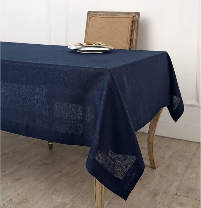 Solino Home Linen Navy Blue Tablecloth 60 x 90 Inch - 100% Pure Linen Rectangular Tablecloth - Machine Washable Table Cloth for Winter, Spring, Easter - Fete