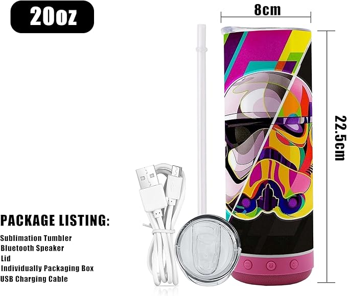 6pack 20oz cups Bluetooth Tumbler with Straw and Lid, Double-Wall Stainless Steel Vacuum Insulation Sublimation Tumbler Blank, RemovableRechargeable Bluetooth Wireless Speaker miexd