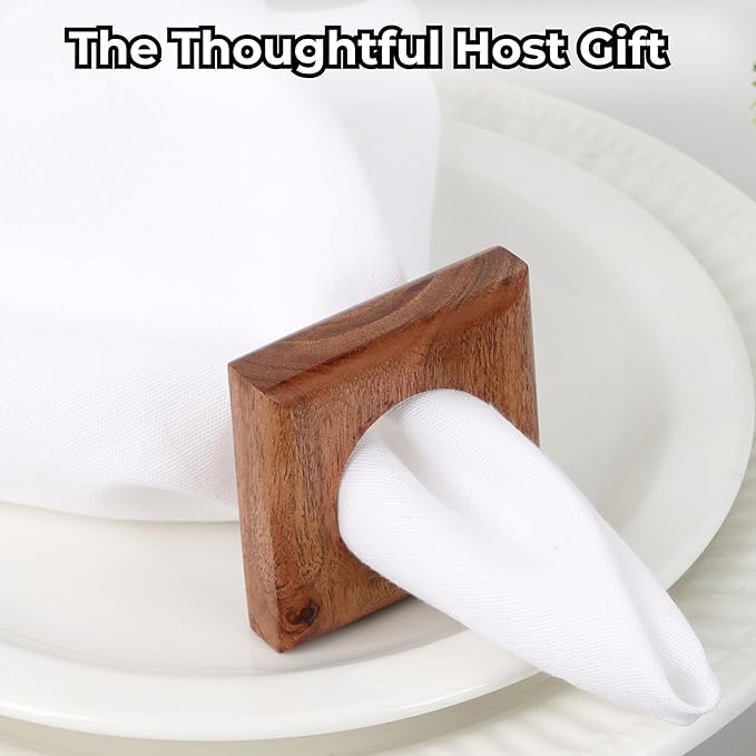 CLEENTABLE Wooden Napkin Rings Set of 12 Fall Decor for Home Square Acacia Wood Napkin Holders for Dining Table Settings Napkin Ring Rustic Table Décor for Weddings, Parties, Everyday Use (Brown)