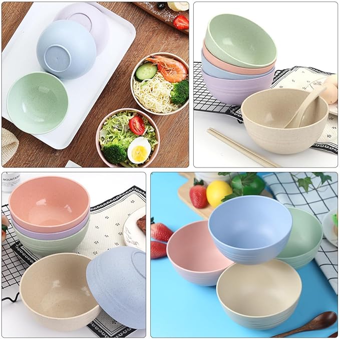 4 Pcs Large Capacity Wheat Straw Salad Mixing Bowls Food Serving Bowls for Fruit Noodles and Salads Lightweight Smooth Finish Heat-resistant and Easy to Clean Random Color