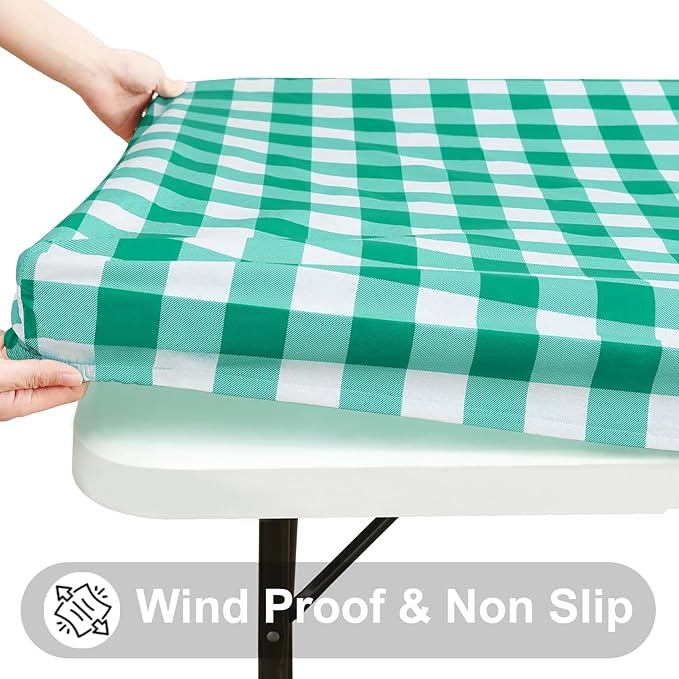 Smiry Rectangle Picnic Table Cloth, Elastic Waterproof Fitted Vinyl Tablecloths, Flannel Backed Buffalo Plaid Table Covers for Dining, Camping, Outdoor (White and Green, 24" x 48")