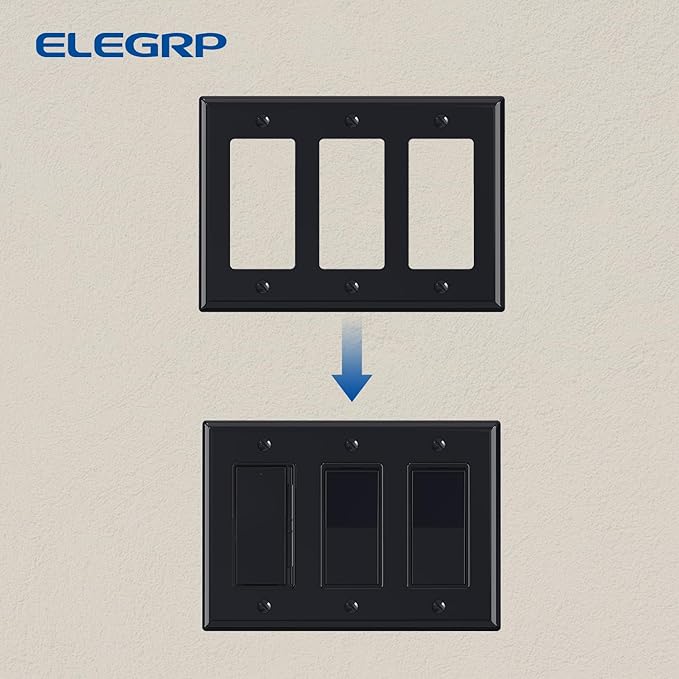 ELEGRP 3-Gang Decorative Wall Plates, Standard Size 4.88" H x 6.75" L Unbreakable Thermoplastic Faceplate Cover for Decorator Receptacle Outlet Switch, UL Listed (10 Pack, Glossy Black)