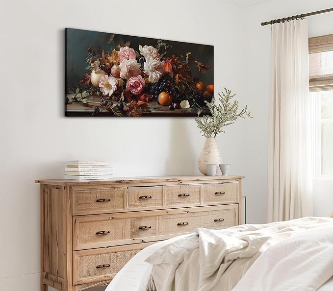 ADJUVANT Wall Art Vintage Floral And Fruit 40" L x 20" W, Peonies With Grapes And Citrus Canvas Painting Prints Graceful Botanic And Fruity Wall Decor for Living Room Bedroom Dining Room Home Office