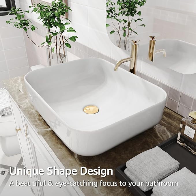 ELLAI Bathroom Vessel Sink Rectangle Above Counter Porcelain Ceramic Top Mount Rectanglar Countertop Sink for Bathroom 19.7"x15.2"x5.4" Glossy White