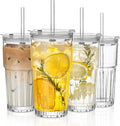 INSETLAN 20 oz Clear Glass Tumbler Set with Lids and Straws – 4-Pack Iced Coffee Cups with Glass Straws & Brushes, Reusable Drinking Glasses for Smoothies, Tea, Juice, Beer, Cold Beverages