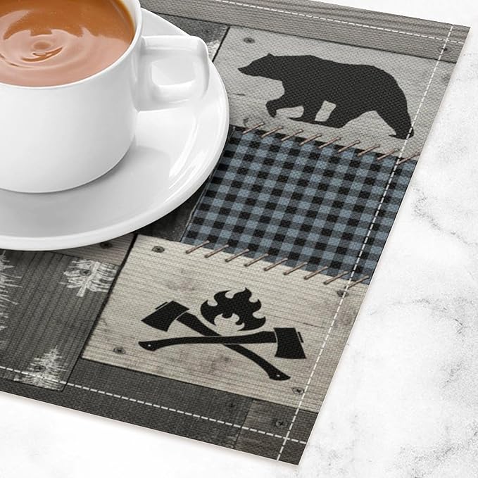 Bear Moose Deer Placemats Rustic Wildlife Moose Forest Animal Cabin Lodge Lake Pine Heat-Resistant Linen Table Place Mats for Dining Kitchen Country Camp Style Farmhouse Decor 6 PCS, Countryside-8