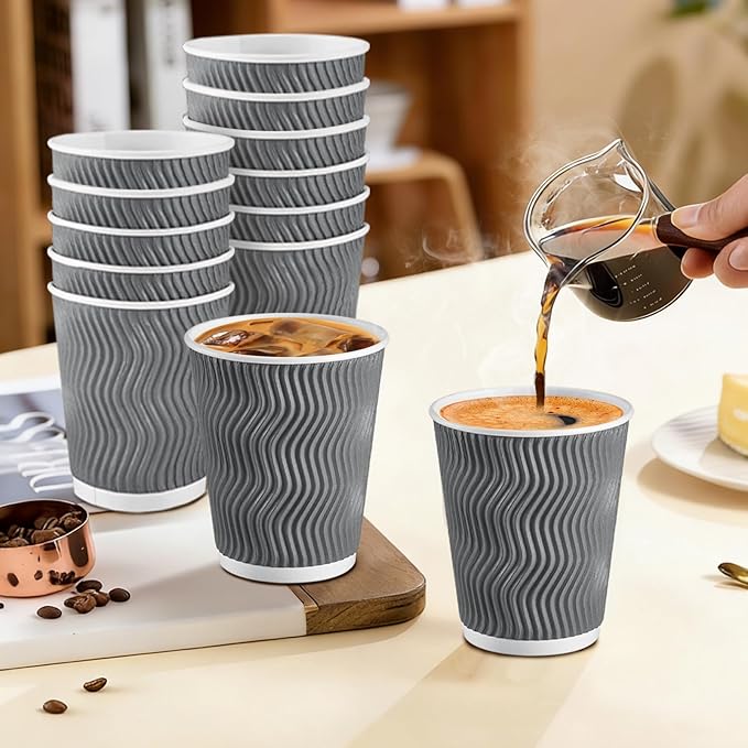 Coffee Cups 10 oz 120 Pack, Corrugated Insulated Ripple Wall Disposable Paper Coffee Cups 10oz, To Go for Hot Beverage or Cold Drinks Office/Home/Cafe/Party/Travel (Grey)