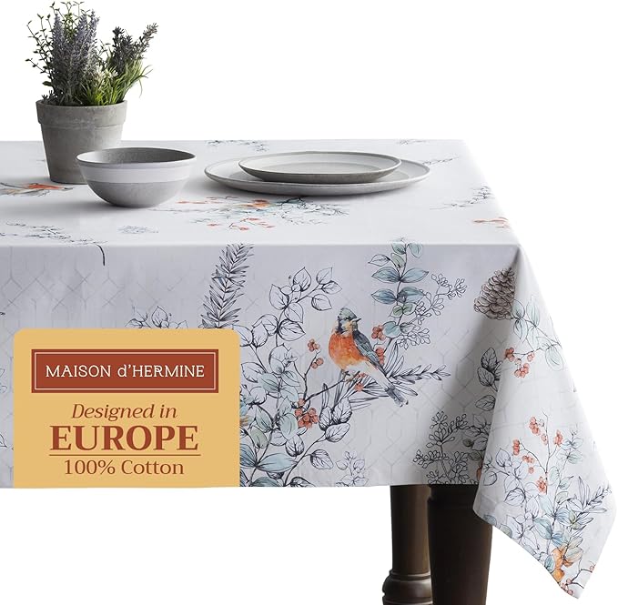 Maison d' Hermine Table Cloth Rectangle Table 100% Cotton 60 x 90 Inches Fall Tablecloth Reusable Everyday Use for Thanksgiving Christmas Decorations Dining Farmhouse Party (Whitish Shabby Chique)