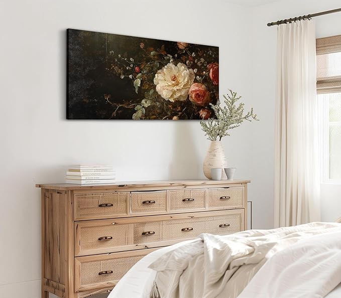 ADJUVANT Wall Art Vintage Peony And Rose Bouquet 40"L x 20"W, White Peony With Pink Roses Canvas Painting Elegant Floral Artwork Prints Botanic Wall Decor for Living Room Bedroom Dining Room Home Office