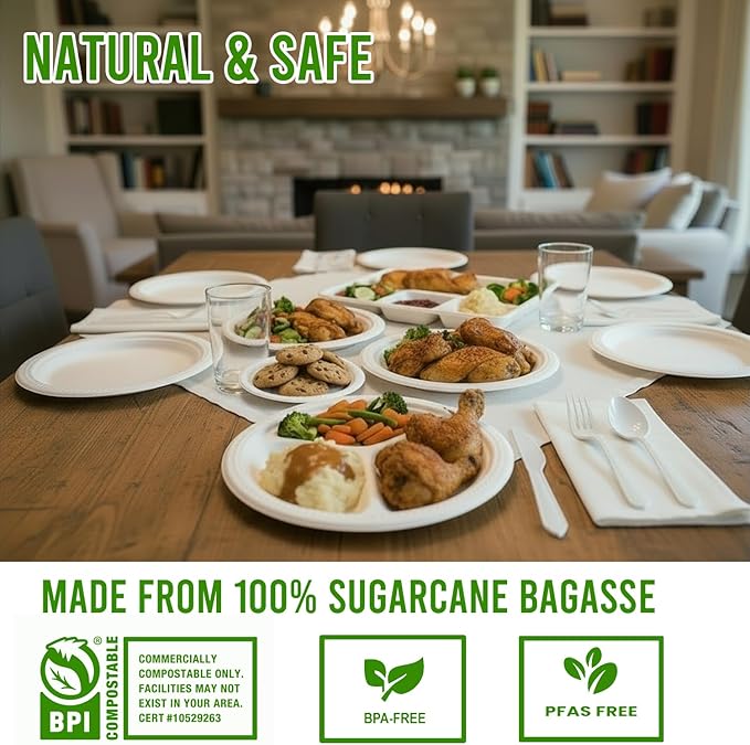 Compostable Heavy Duty Disposable Paper Plates, 75 Count | 10 Inch Round | Natural Bagasse, White Biodegradable Eco-Friendly Sugarcane BBQ, Party, Gathering, Picnic Sugarcane Tray