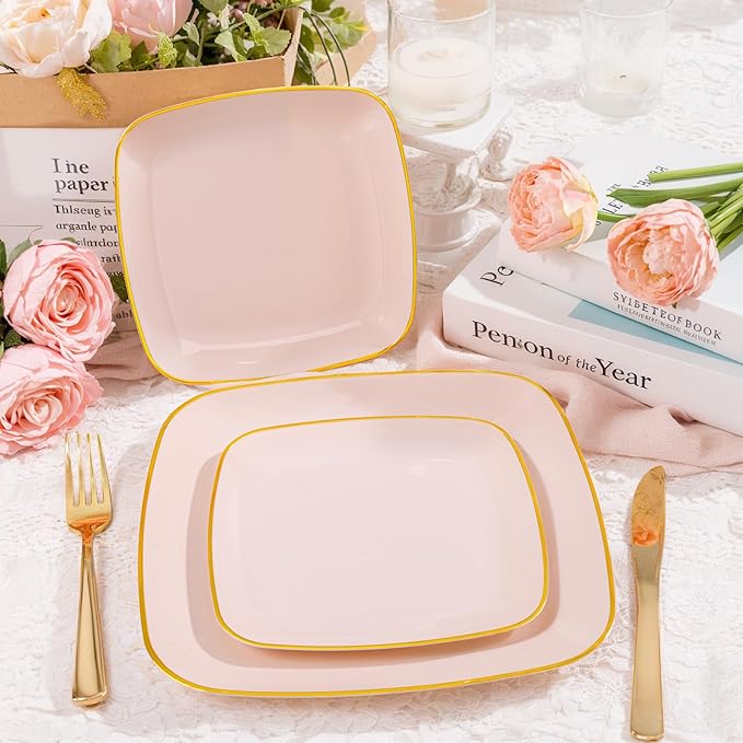 bUCLA 50PCS Pink and Gold Plastic Plates - Heavy Duty Square Pink Disposable - Include 25 Dinner & 25 Dessert Plates for Party & Valentines Day