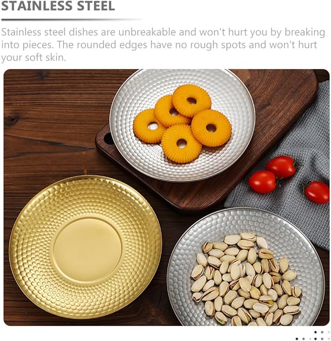 Vintage Hammered Stainless Steel Fruit Tray, Round Textured Metal Dessert Plate for Outdoor Camping and Party Serving, Creative Japanese Style Diamond Pattern