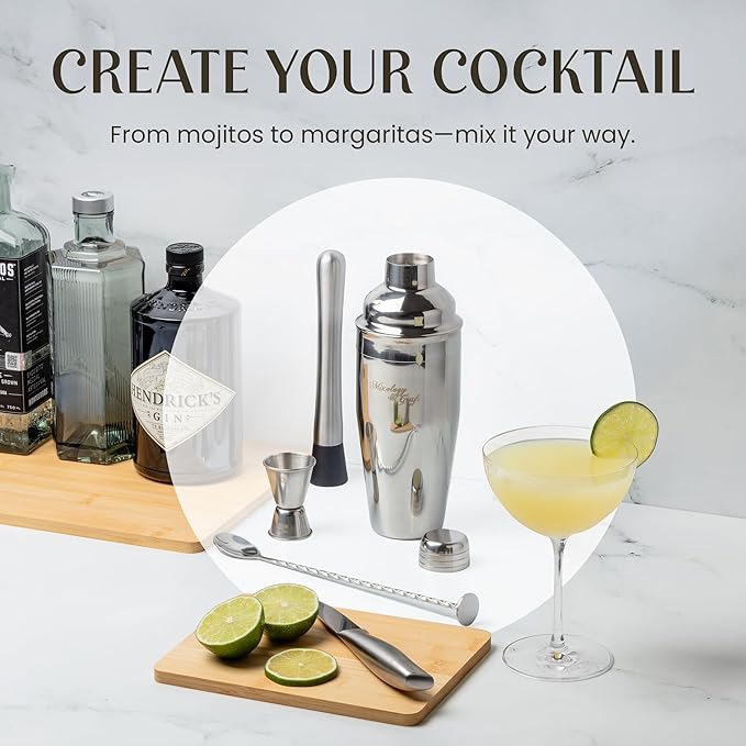 Mixology & Craft Cocktail Shaker Set with Stainless Steel Stand - 9-Piece Bartender Kit with Recipe Cards - Cocktail Mixer & Barware Tool Set
