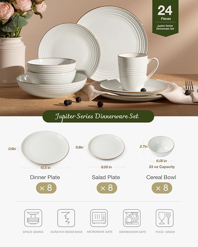Famiware Jupiter Dinnerware Set, Plates and Bowls Dish Sets for 8 (24 Pieces), Microwave and Dishwasher Safe Stoneware Speckled Tableware, Chip and Scratch Resistant, White