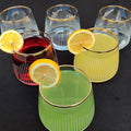 Gold Rim Cocktail Wine Whiskey Drinking Glasses Set of 6 Glassware Rimmed Trim Crystal Cups Juice Water Drinkware Drinks Bar Fancy Party Wedding Vertical Striped