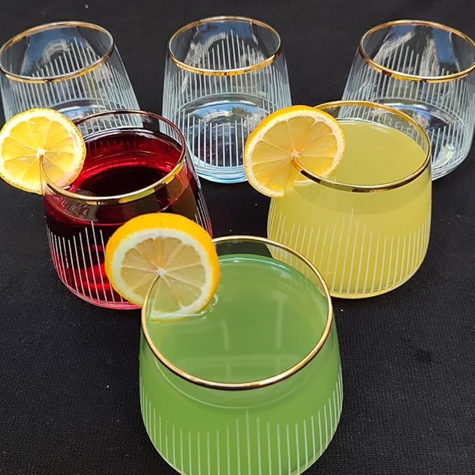 Gold Rim Cocktail Wine Whiskey Drinking Glasses Set of 6 Glassware Rimmed Trim Crystal Cups Juice Water Drinkware Drinks Bar Fancy Party Wedding Vertical Striped