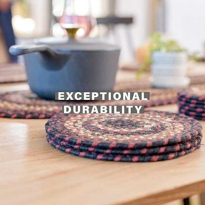 Homespice Prescott Jute Braided Placemats, Country Primitive Decor, Set of 4, Black and Red 13x19 Oval Table Mats - Vibrant Colors, Durable, Easy to Clean and Protects Furniture