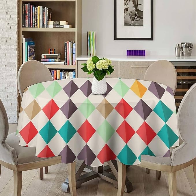 Abstract Geometric Round Tablecloth, Modern Mid Century Background Mid Century Colorful Print Pattern Tablecloth for Home Party Dining Room Kitchen Decor 36Inch(90cm)